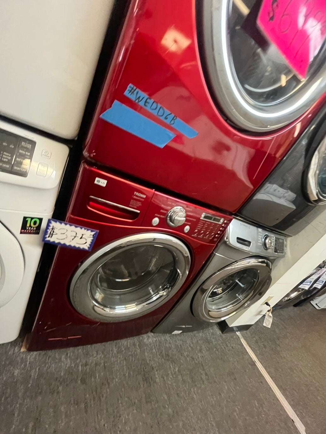 >LG washer 4.0cu ft & dryer 7.5 steam set electric 220v front load stackable or side by side - sensor dry in red  #FLWR23SETL