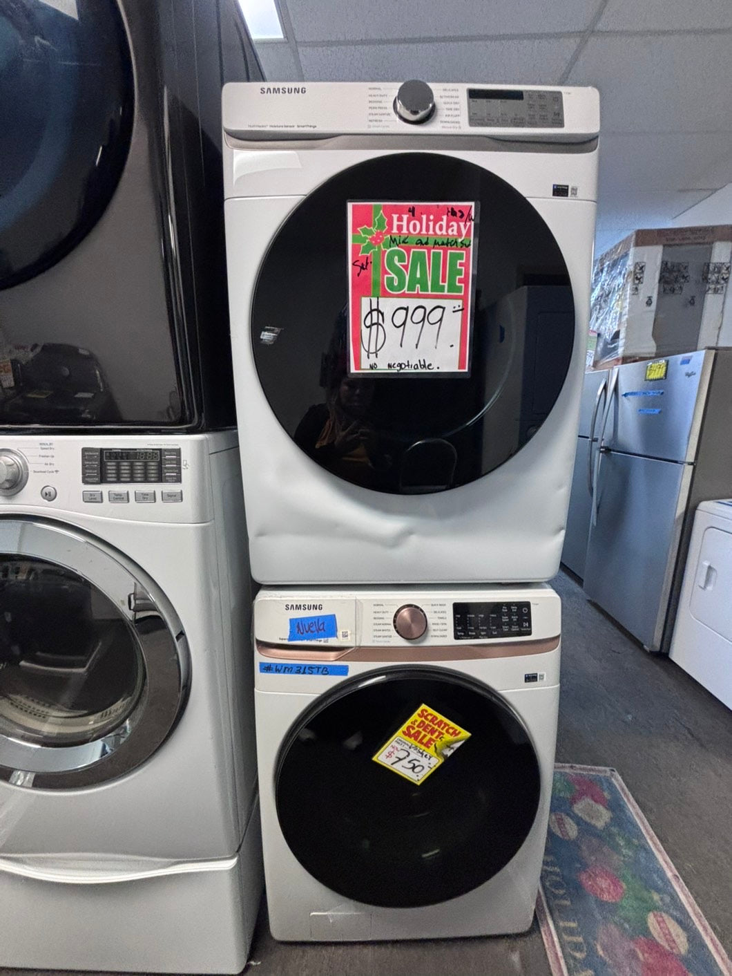 >Open Box 📦 Scratch & Dent mix match Samsung 5.0cu. ft. High-Efficiency Front Load Washer  with Self-Clean+ & Samsung 7.5 cu. ft. Vented Smart Stackable Electric 220v Dryer In White w/ Steam 27" in #WM315TBSET