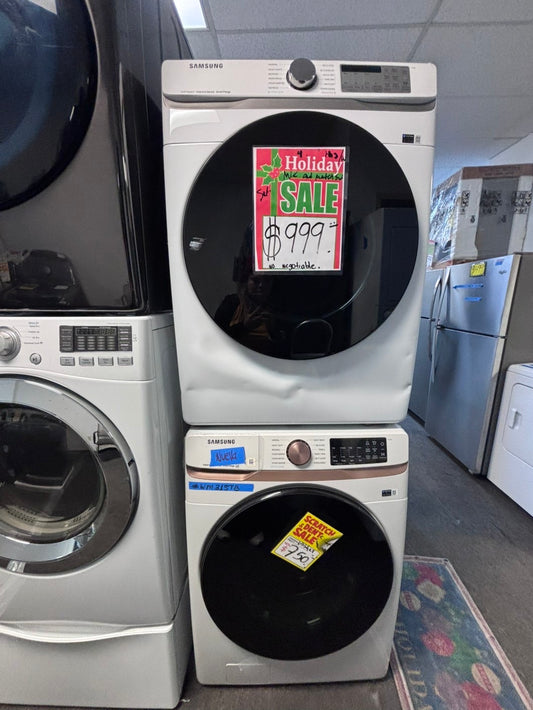 >Open Box 📦 Scratch & Dent mix match Samsung 5.0cu. ft. High-Efficiency Front Load Washer  with Self-Clean+ & Samsung 7.5 cu. ft. Vented Smart Stackable Electric 220v Dryer In White w/ Steam 27" in #WM315TBSET