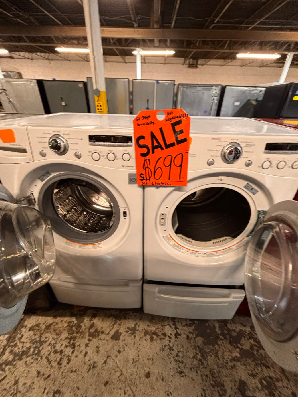 }}SALE🔥LG used- refurbished front load electric 220v dryer & washer large  capacity with pedestals in white color 27” working 💯  with warranty #FLZ5527B