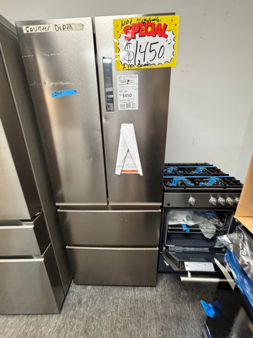 >Open Box 📦 Scratch & Dent 2pc. Combo stove 24” Bloomberg & fridge Haier four door refrigerator stainless steel counter depth 28" no ice maker #RF492KB2PC.