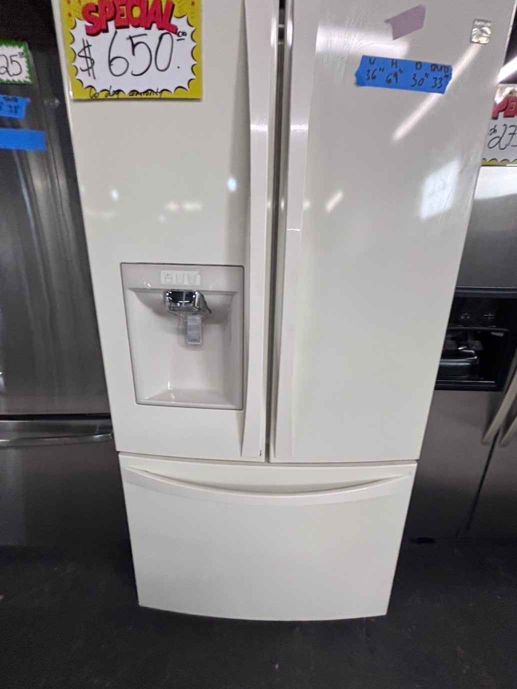 >special 🔥Used great condition used-Refurbished Kenmore  36”W x 69h x 30”depth french door refrigerator off white  w/ice & water dispenser 36 “ #RFK22CB