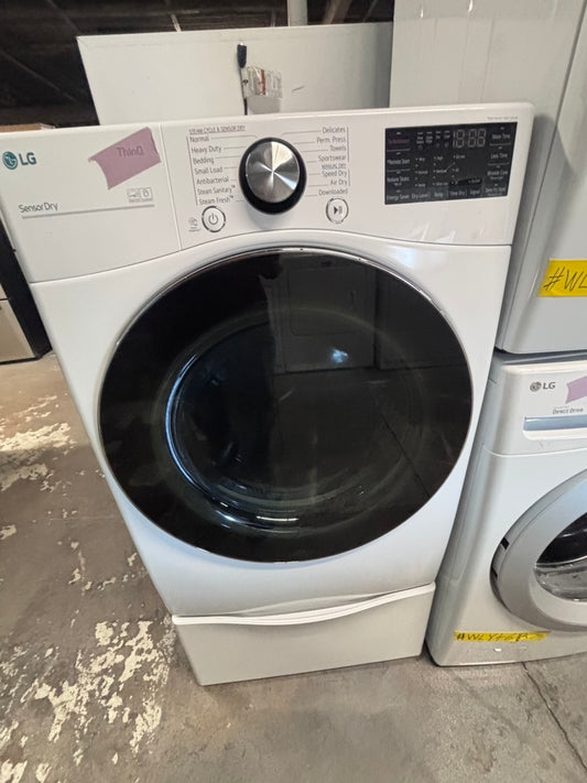 >*LG thinQ white Dryer electric 220v in front load w/pedestal extra storage stainless steel drum large capacity 27" refurbished #EGLY1XB