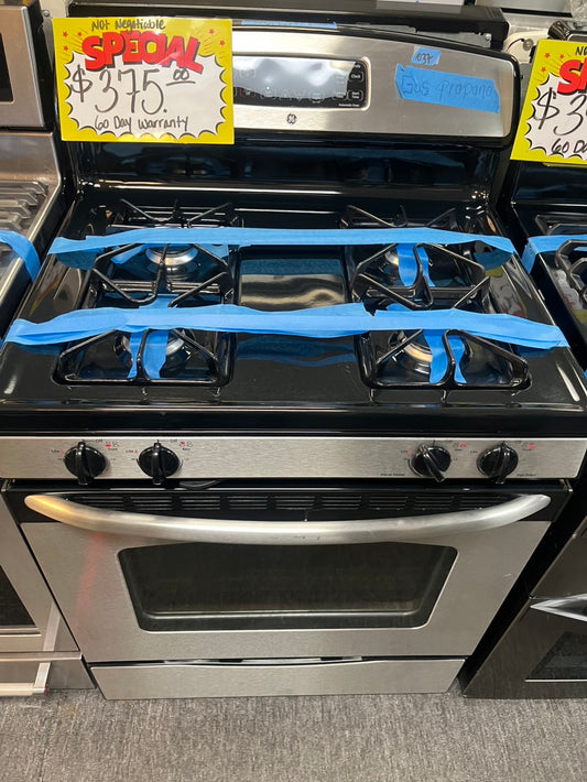 Refurbished GE Gas (Propane )range 4 burner bake broil hi/lo self clean stainless steel Refurbished 30" #GRR12L
