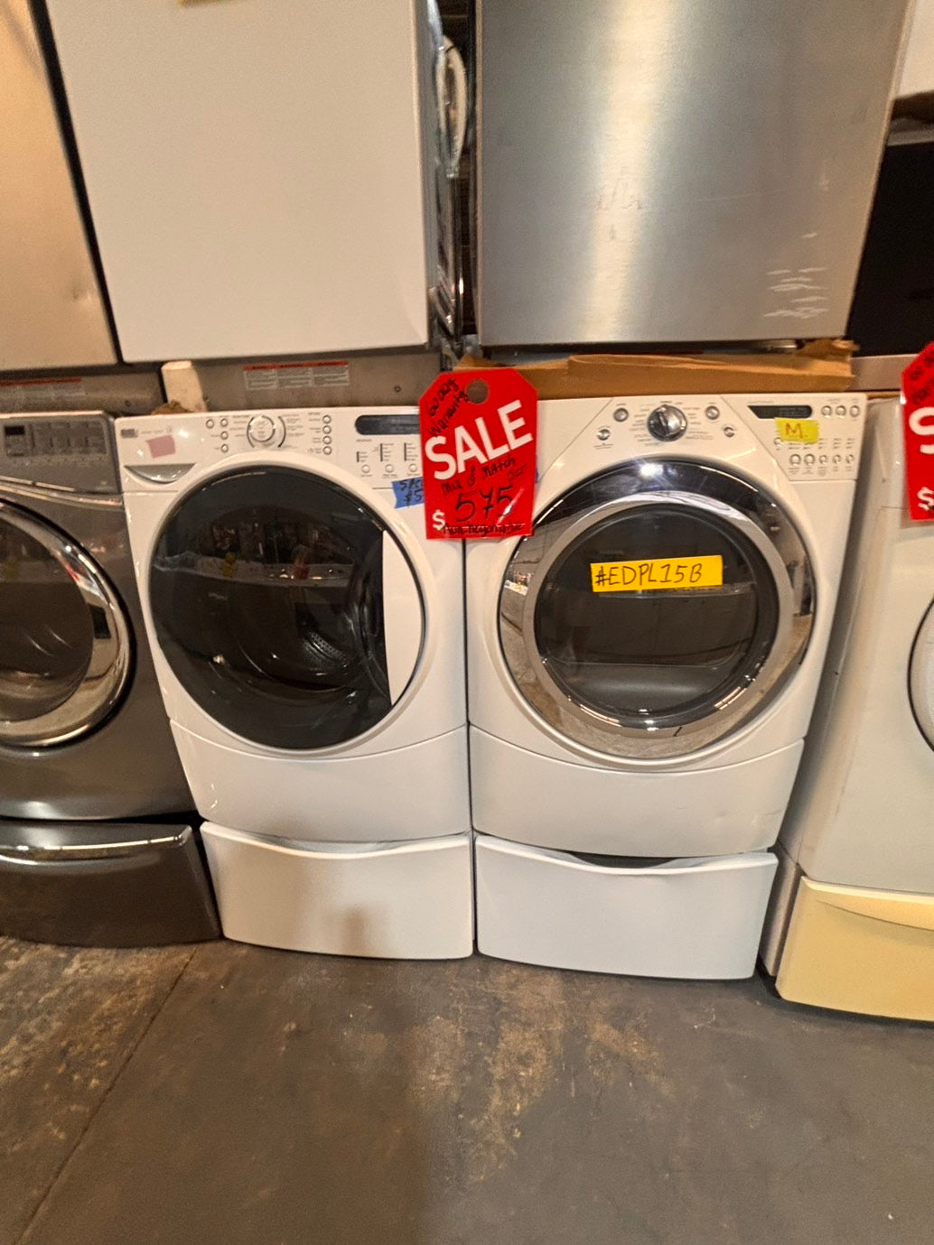 >*SALE🔥used- refurbished Kenmore washer & whirlpool dryer mix & match front load electric 220v large  capacity with pedestals in white  color 27” #ES8KV7B