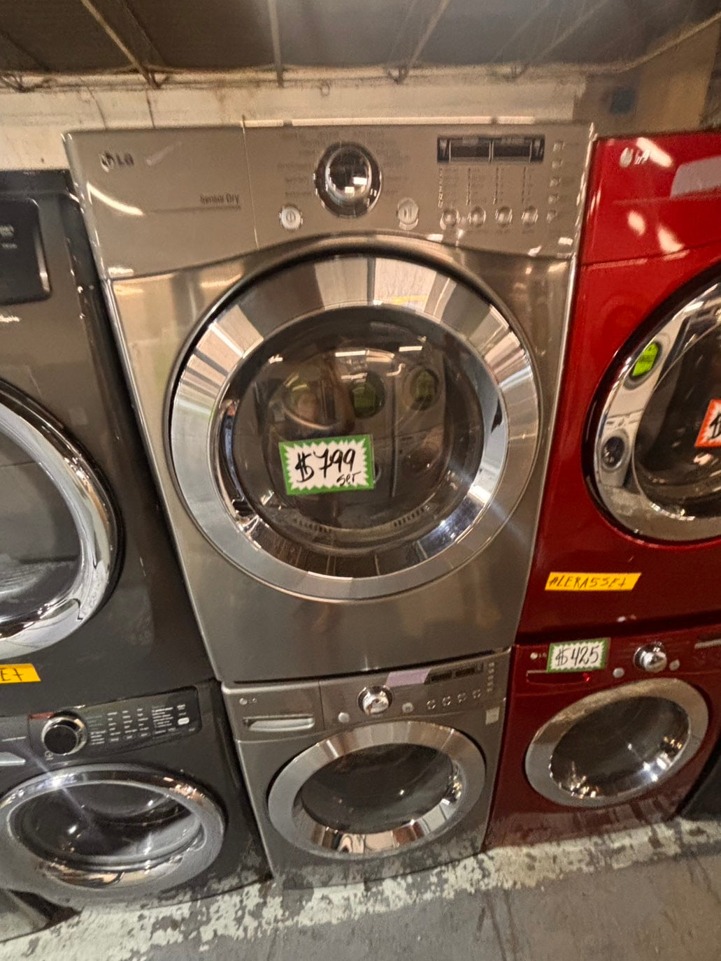 >*Used-great conditions refurbished LG steam washer 4.5cu ft & electric steam dryer 7.5 cu ft large capacity set electric 220v front load stackable or side by side - sensor dry He in silver-gray  #W995SET