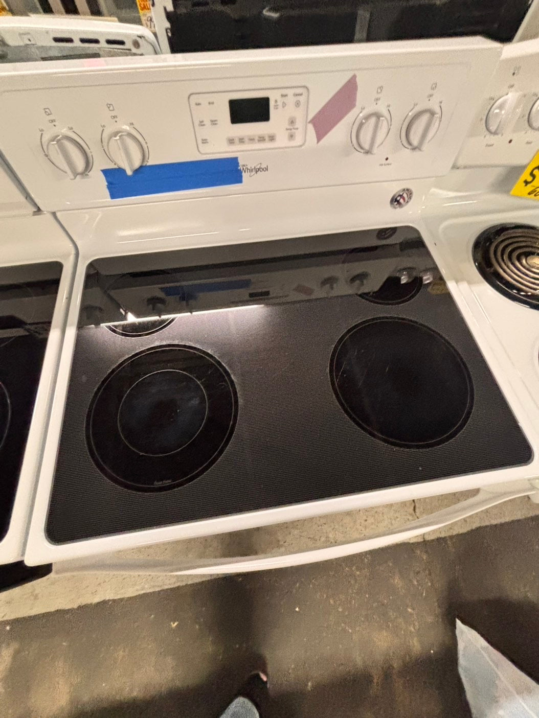 <whirlpool Glass Top electric stove white bake broil 4 burner Self clean 30” white Refurbished #WWE76B