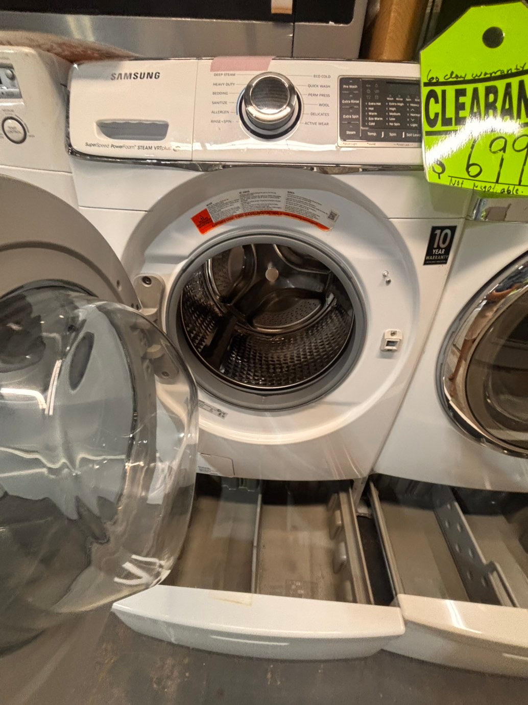 >used- refurbished Samsung mix & match front load washer & dryer set  electric 220v large  capacity with pedestals in white  color 27” #ES5AV7B