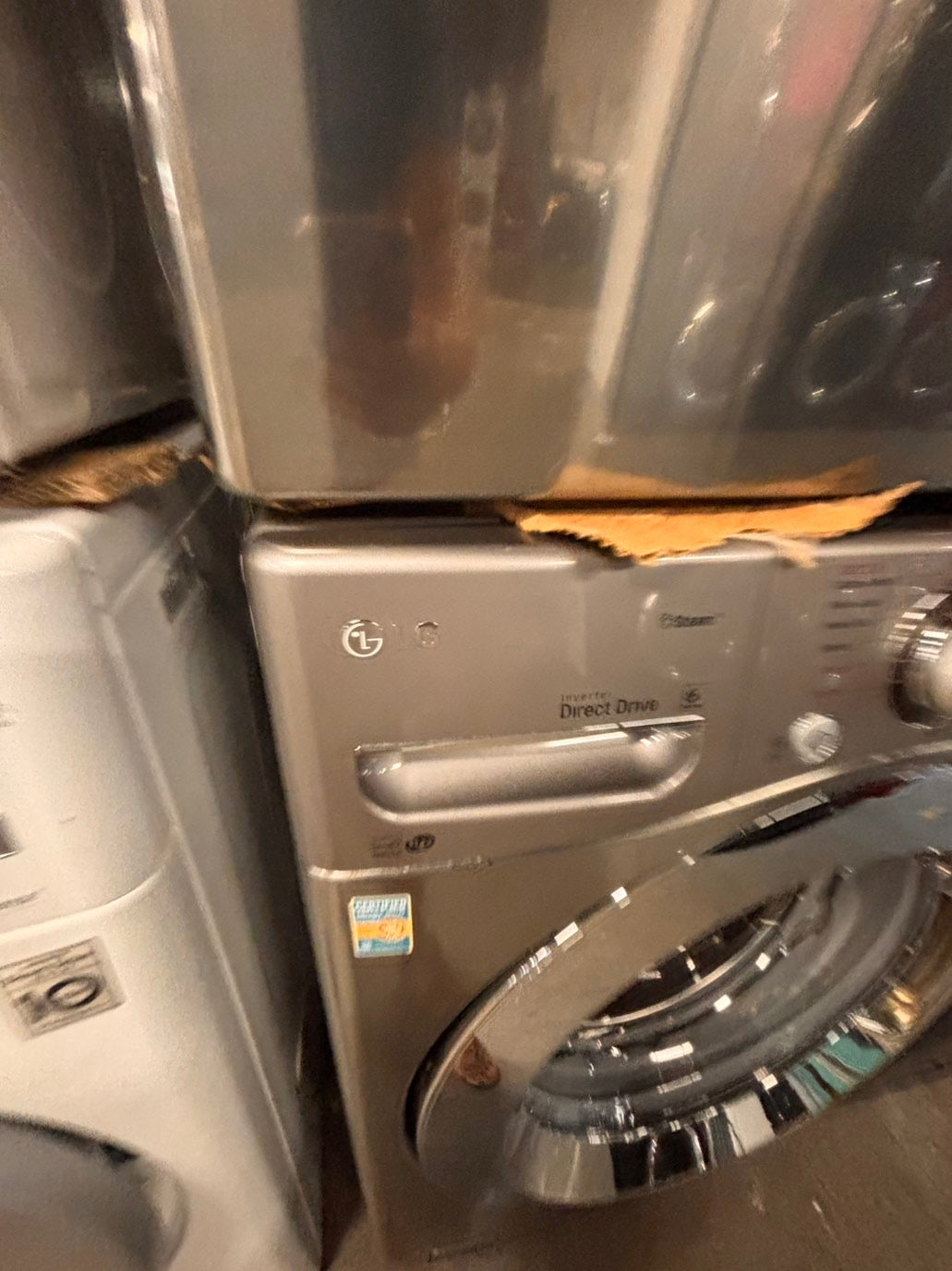 >*Used-great conditions refurbished LG steam washer 4.5cu ft & electric steam dryer 7.5 cu ft large capacity set electric 220v front load stackable or side by side - sensor dry He in silver-gray  #W9PU6SET