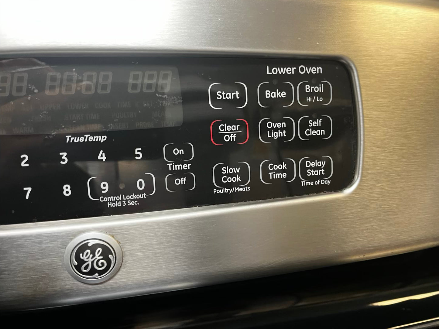 GE electric 220v glass top double oven range 5 burner Refurbished bake Broil self clean stainless steel 30" #ER1034L