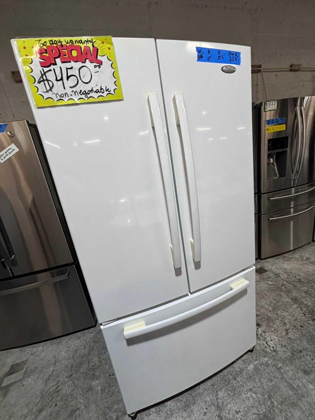 >* special🔥used-Refurbished Whirlpool white 36”w x69h x 29.1/5 depth refrigerator w/ice maker inside 36 “ #FDW4U3B