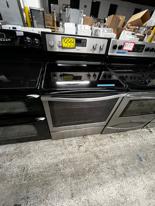 Whirlpool glass top electric range 220v 5 burner warm zone Refurbished stainless steel bake Broil  self clean 30" #ER711FB