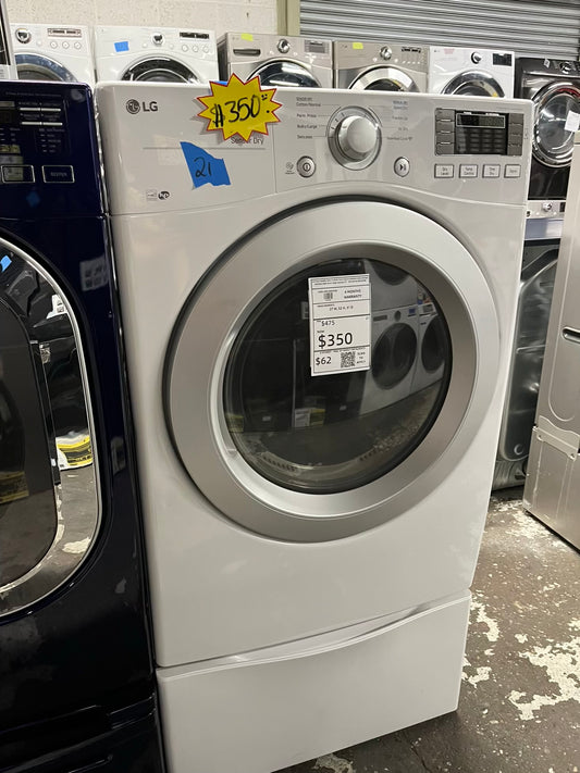 LG Dryer electric 220v in white front load w/pedestal extra storage stainless steel drum large capacity 27" refurbished #ED340SB