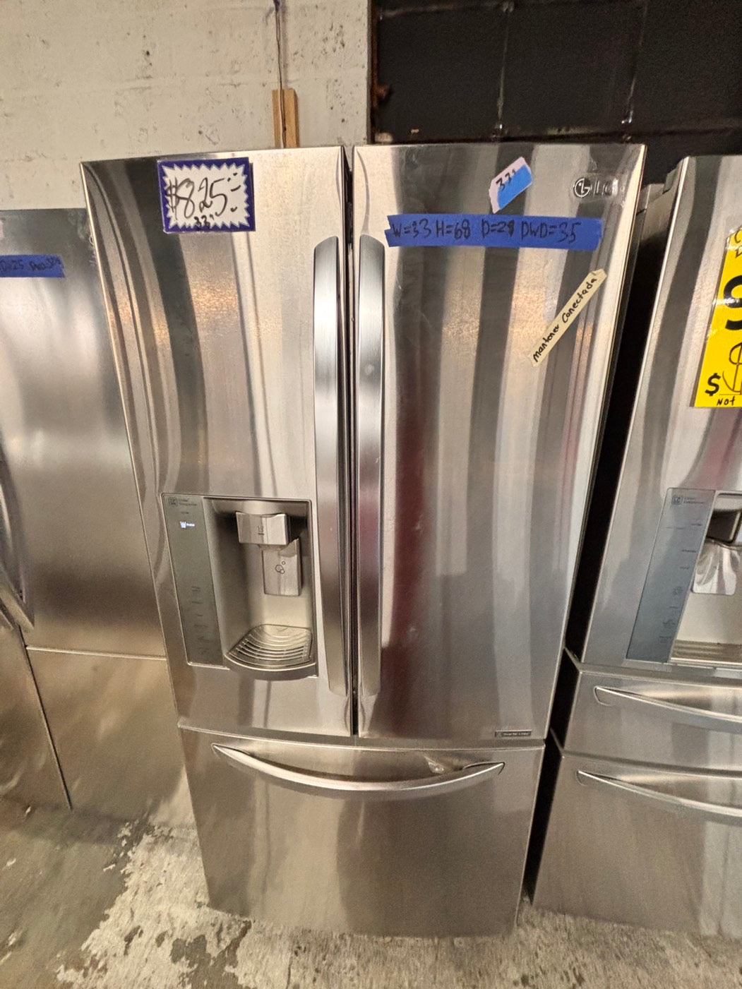 >LG French door Refrigerator stainless steel w/ ice water dispenser 33" #RF26FQB