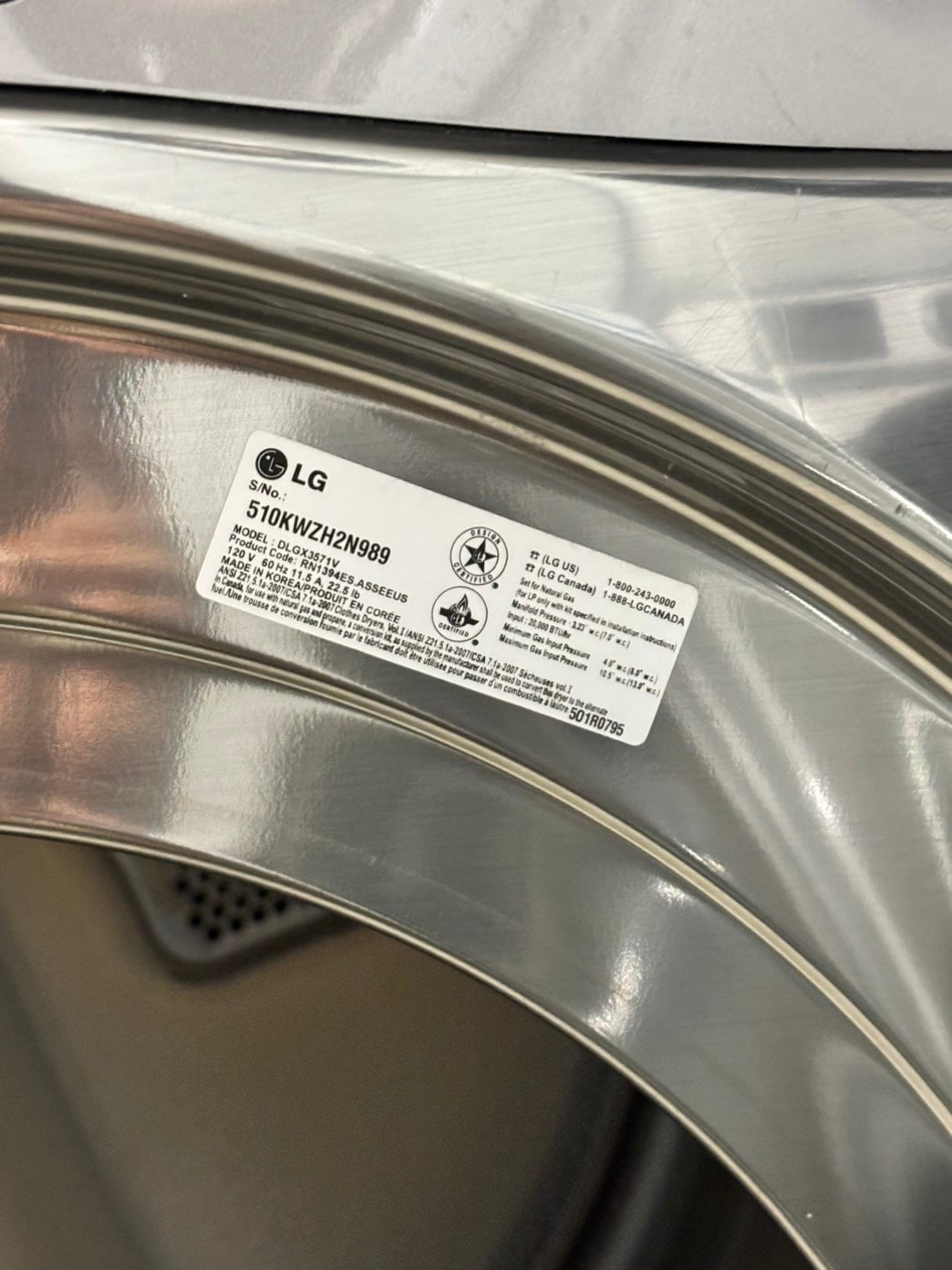 -LG steam front load stackable GAS dryer stainless steel drum in gray color 27" #ED413GB