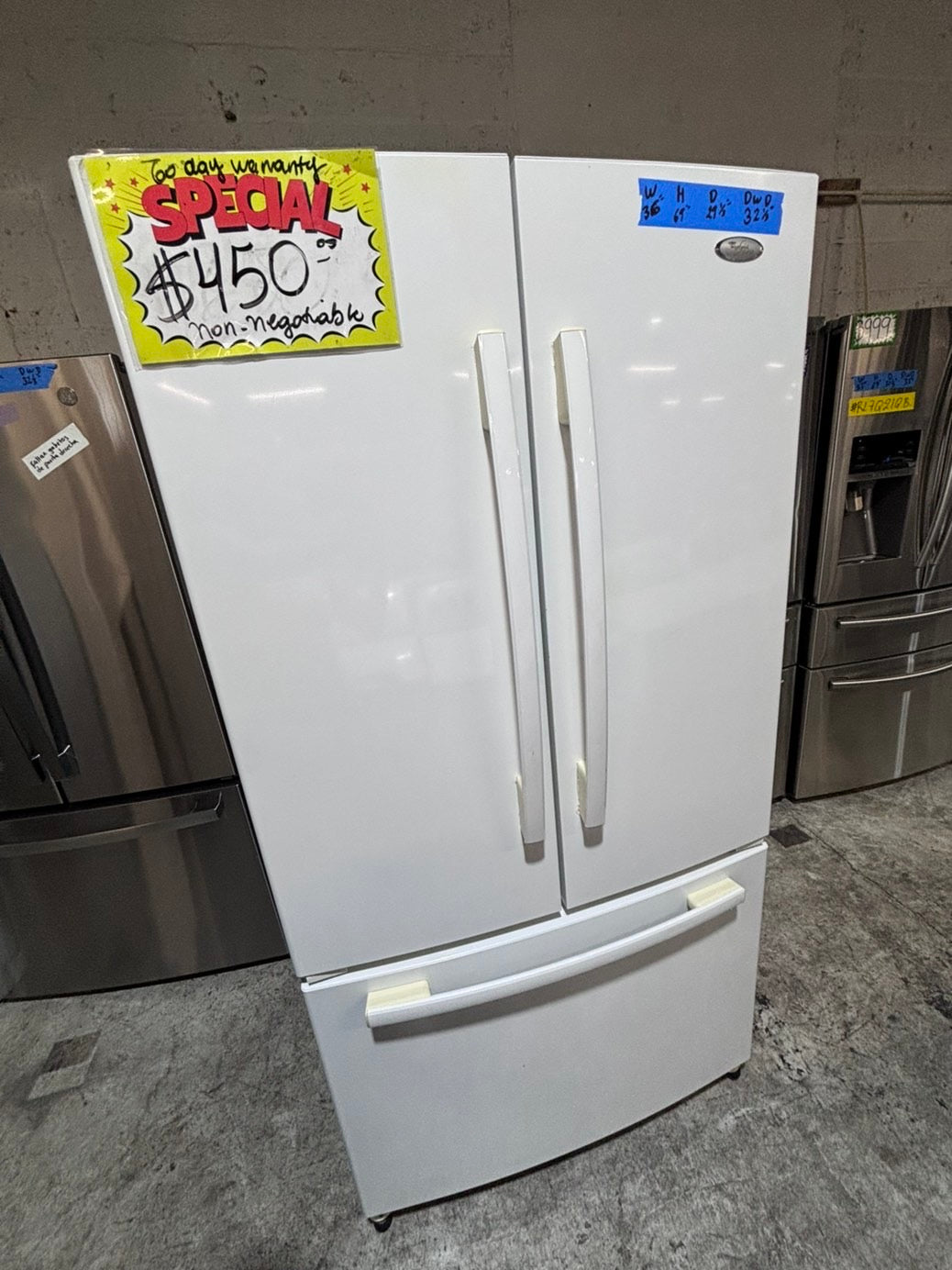 >* special🔥used-Refurbished Whirlpool white 36”w x69h x 29.1/5 depth refrigerator w/ice maker inside 36 “ #FDW4U3B