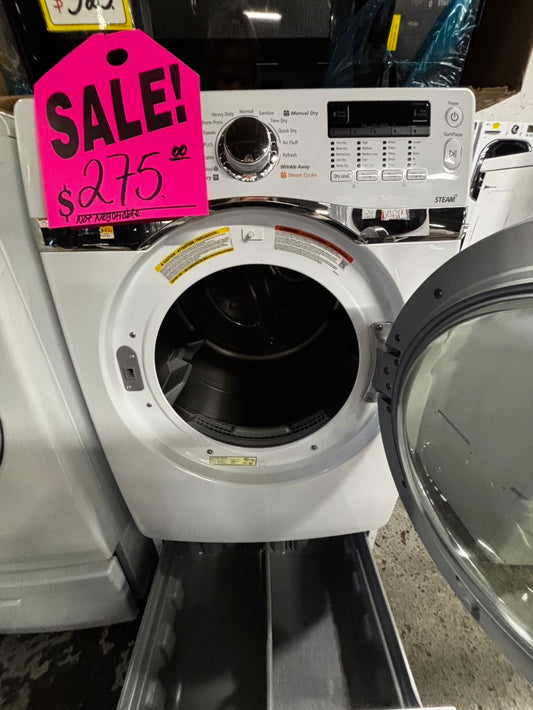 -Samsung Dryer steam electric 220v in white front load w/pedestal extra storage stainless steel drum large capacity 27" refurbished #ED3233VB
