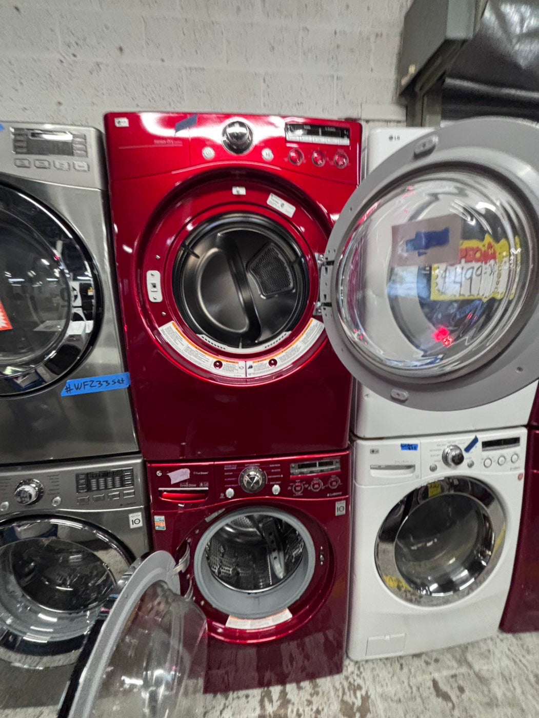 >LG washer 4.0cu ft & dryer 7.5 steam set electric 220v front load stackable or side by side - sensor dry in red  #WEG74BR