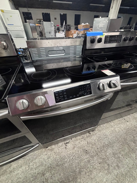 >samsung slide in Glass top electric 220v range 5 burner convection warm zone bake broil self clean in stainless steel 30" used-Refurbished #ERH87B