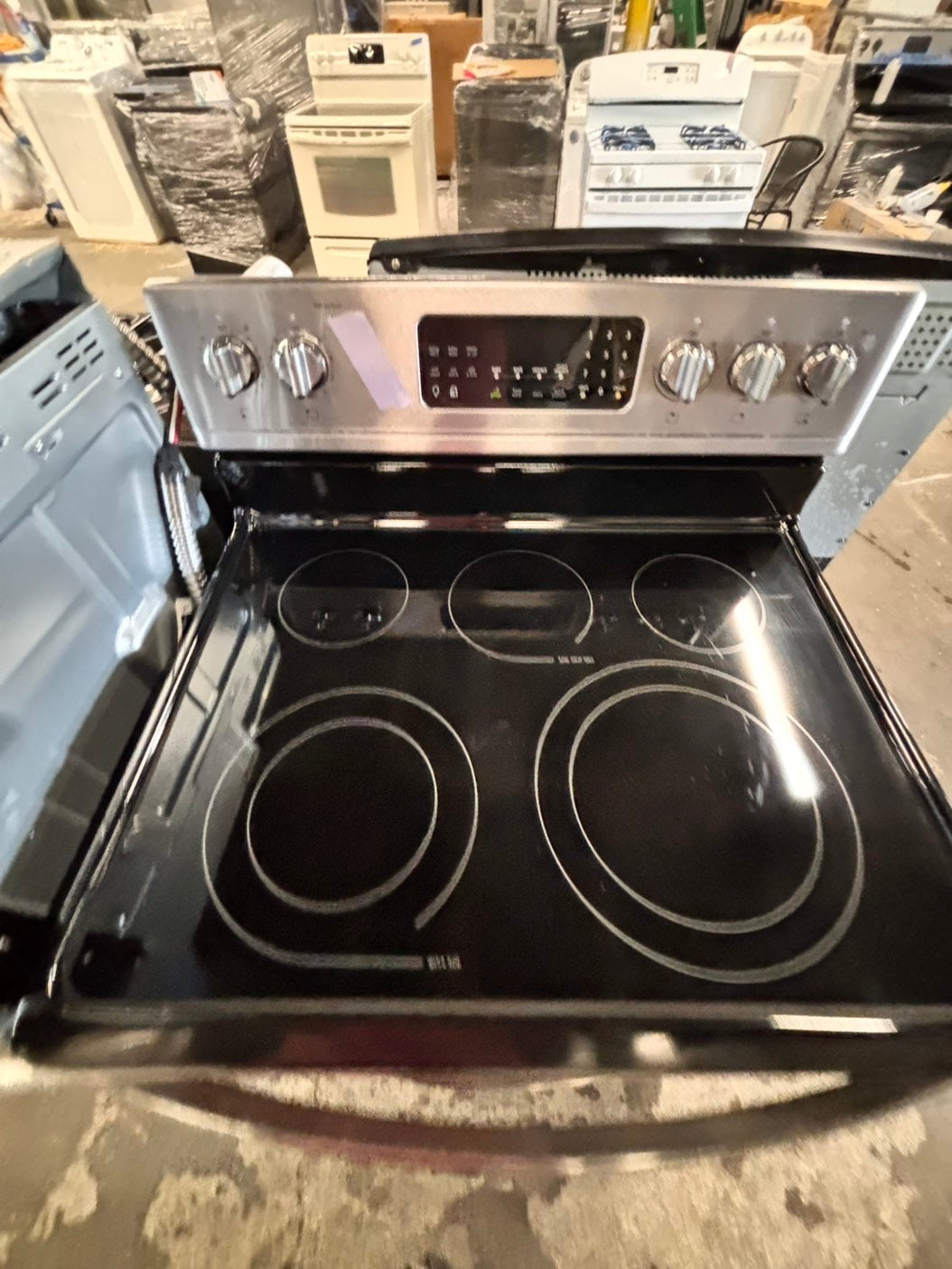 >frigidaire gallery glass top convection oven-electric range 220v 5 burner stainless steel color , warm zone bake broil fast boil ,used-Refurbished 30" #ESTD35VB