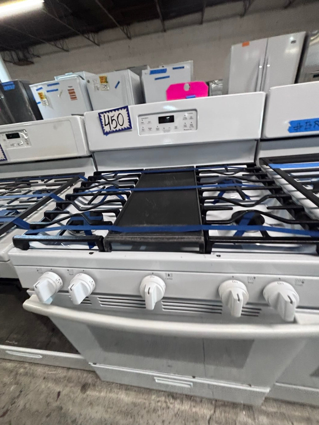 }GE Gas range five burner bake broil Hi/Lo self clean in white working 💯 with warranty ,used-Refurbished 30” #GGH4D7B