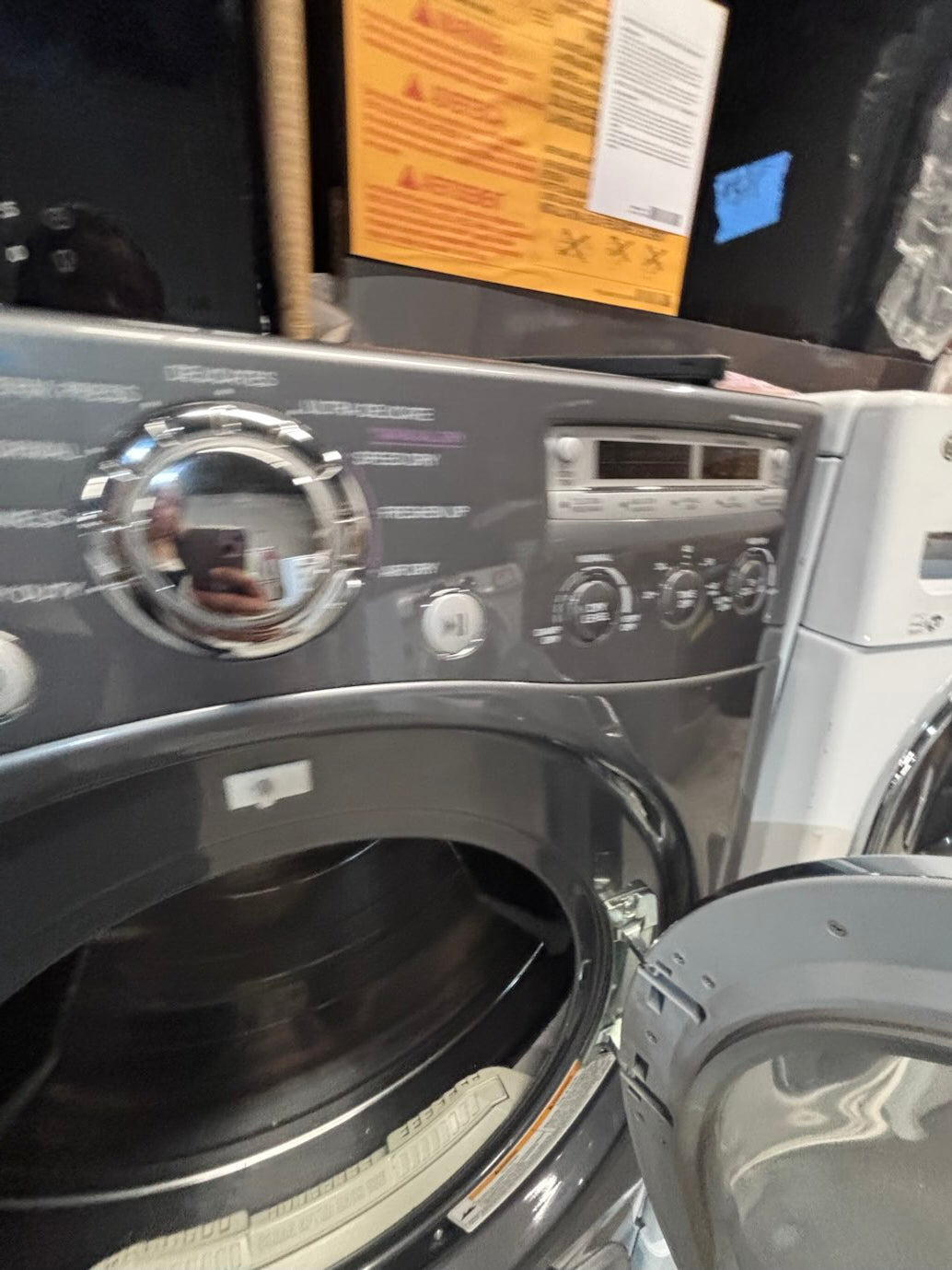 }LG used- refurbished front load electric 220v dryer & washer large  capacity with pedestals in gray color 27” #FLSGTV7B