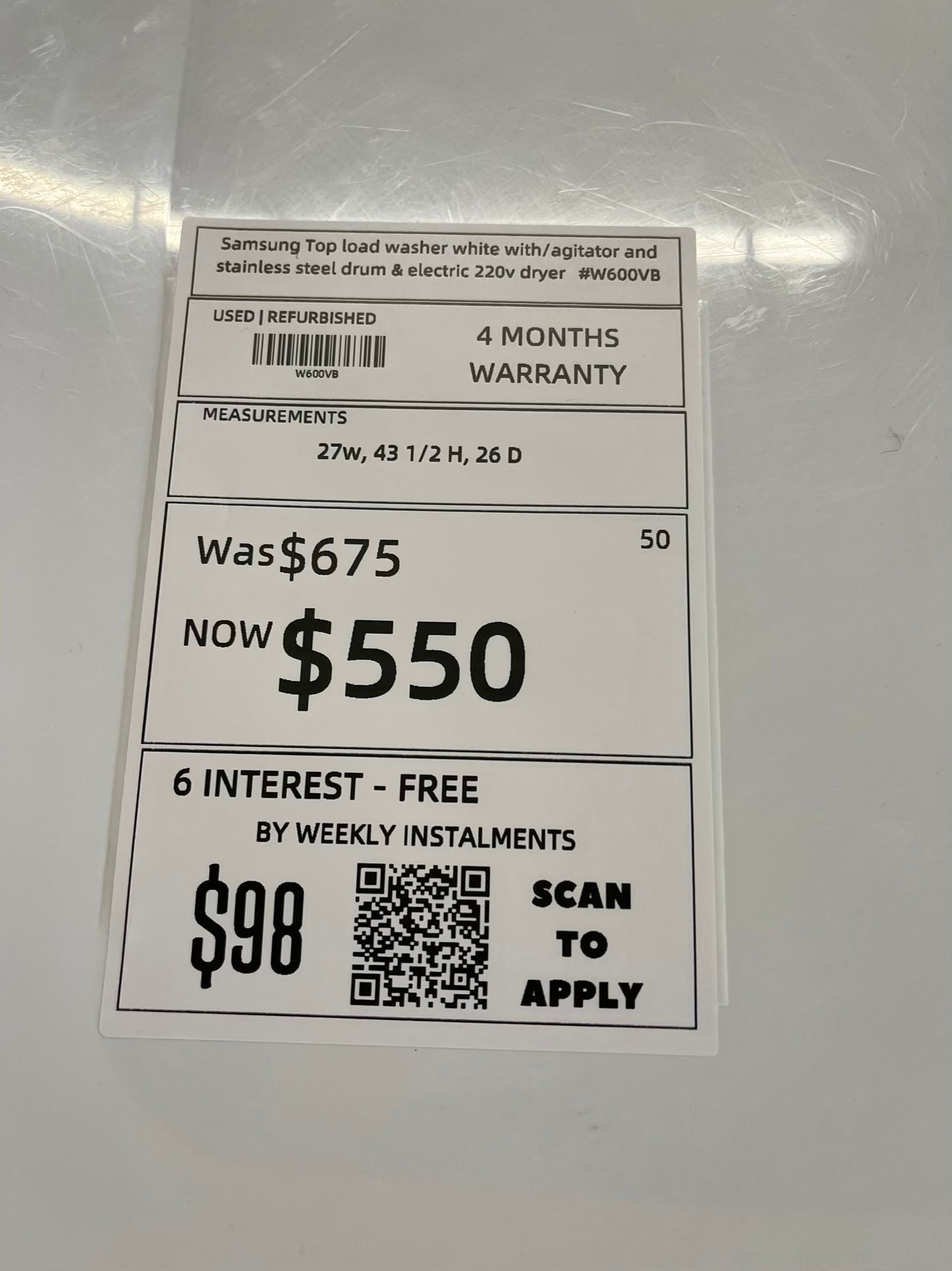 - Samsung Top load washer white with/agitator and stainless steel drum & electric 220v dryer -#W600VB
