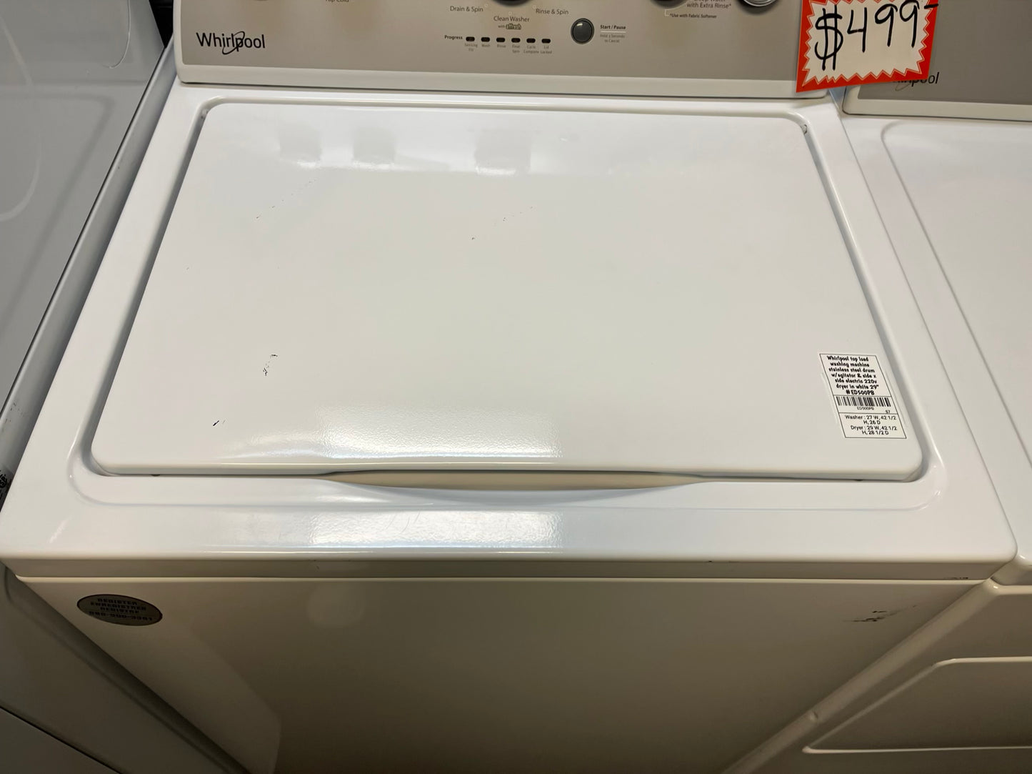 - Whirlpool top load washing machine 4.0 cu ft stainless steel drum w/agitator & side x side electric 220v dryer in white 29" #ED500PB-TR
