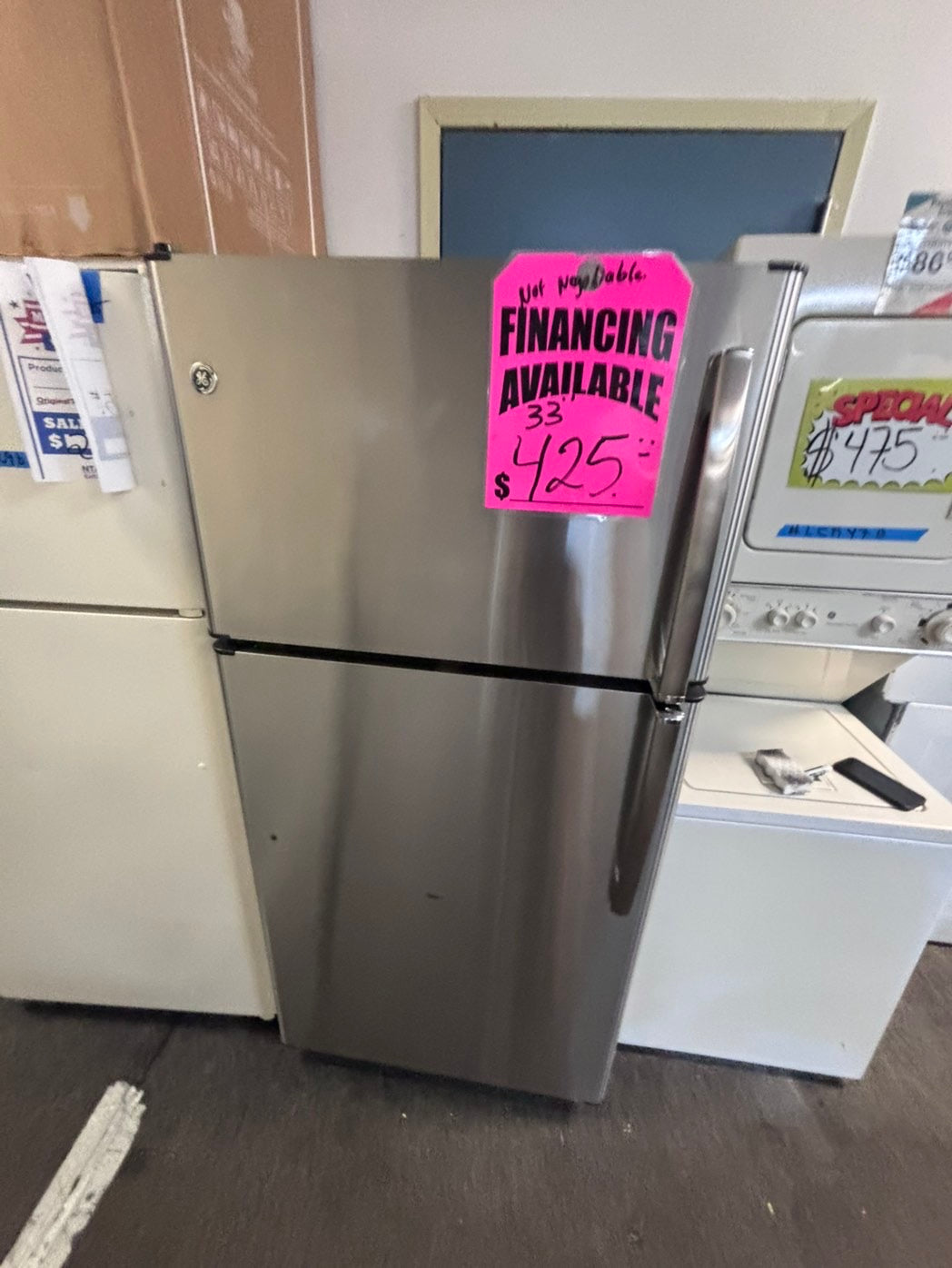 >>GE 33” x 67”h x 28” depth  Top freezer fridge  ,stainless steel  used-refurbished #RRYE33L