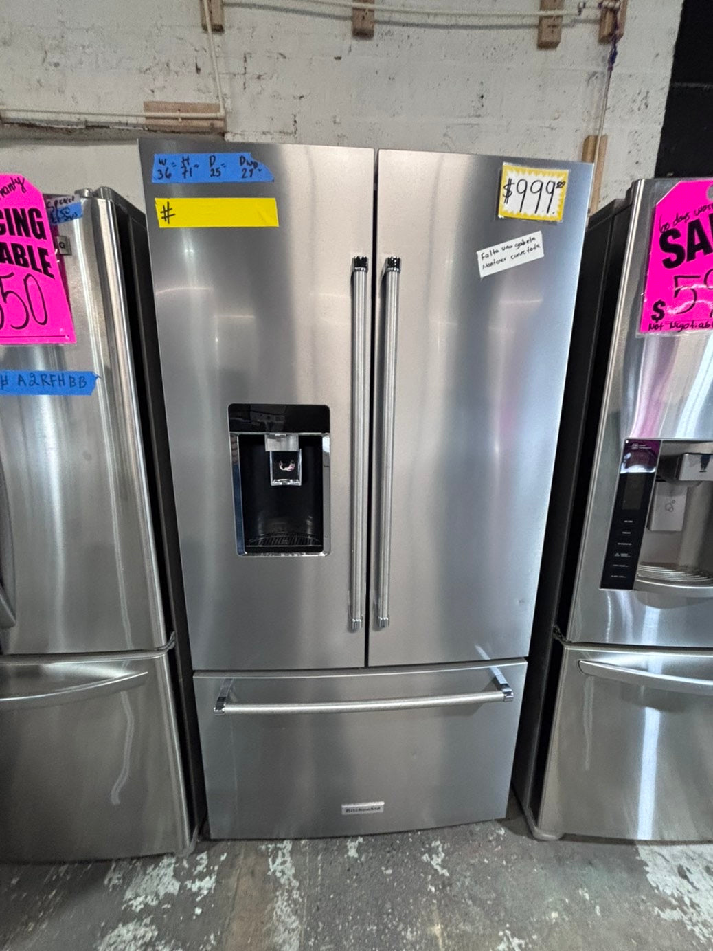 >*kitchen Aid French door Refrigerator counter depth stainless steel w/ ice water dispenser great condition 36"    (👀missing shelf on the door)  used-refurbished #KAF1424B