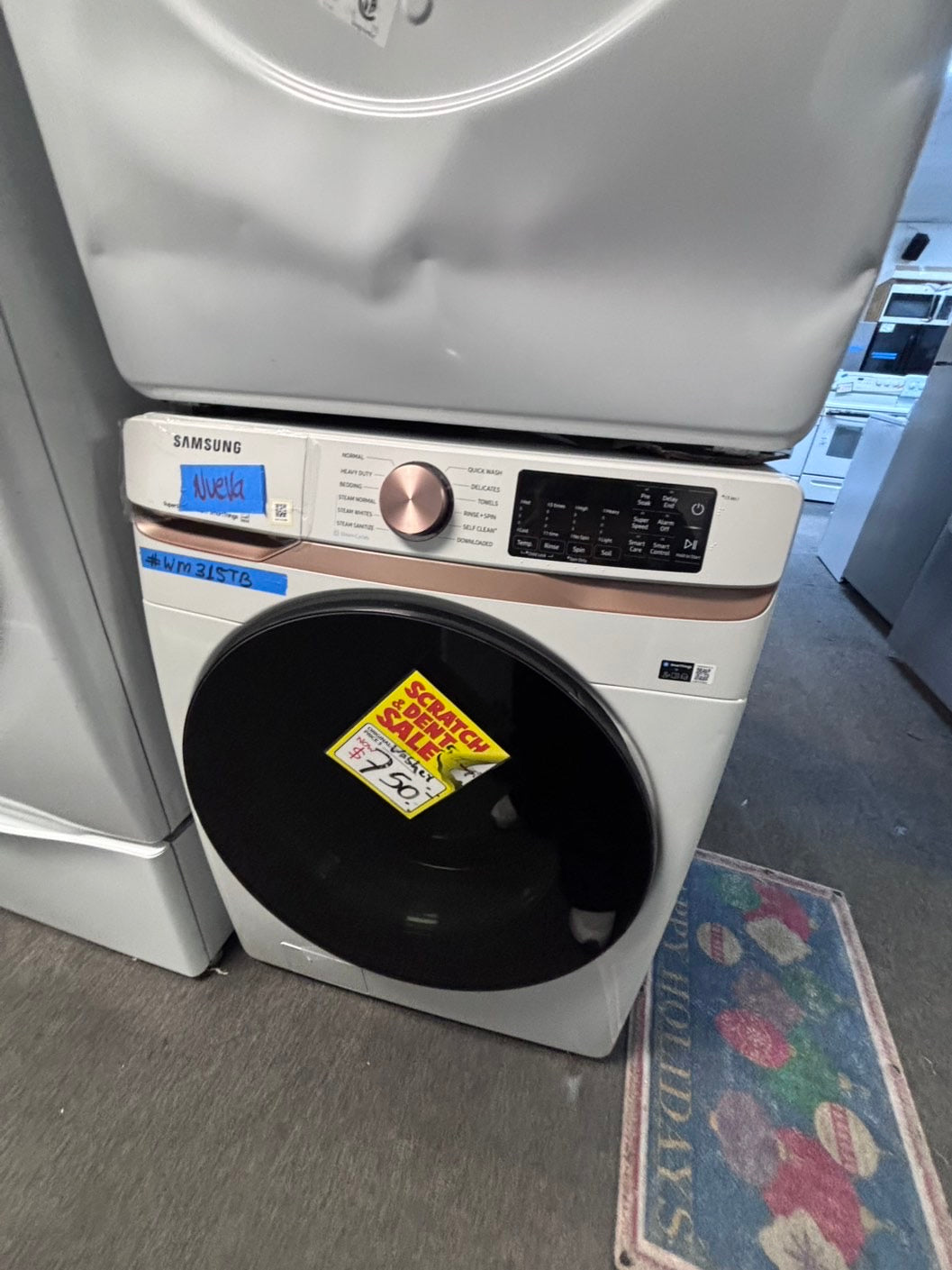 >Open Box 📦 Scratch & Dent mix match Samsung 5.0cu. ft. High-Efficiency Front Load Washer  with Self-Clean+ & Samsung 7.5 cu. ft. Vented Smart Stackable Electric 220v Dryer In White w/ Steam 27" in #WM315TBSET