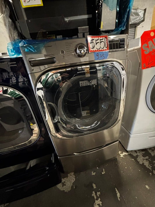 LG gas steam Dryer 29” mega capacity -gray front load w/pedestal extra storage stainless steel drum large capacity used- refurbished #GD339WB