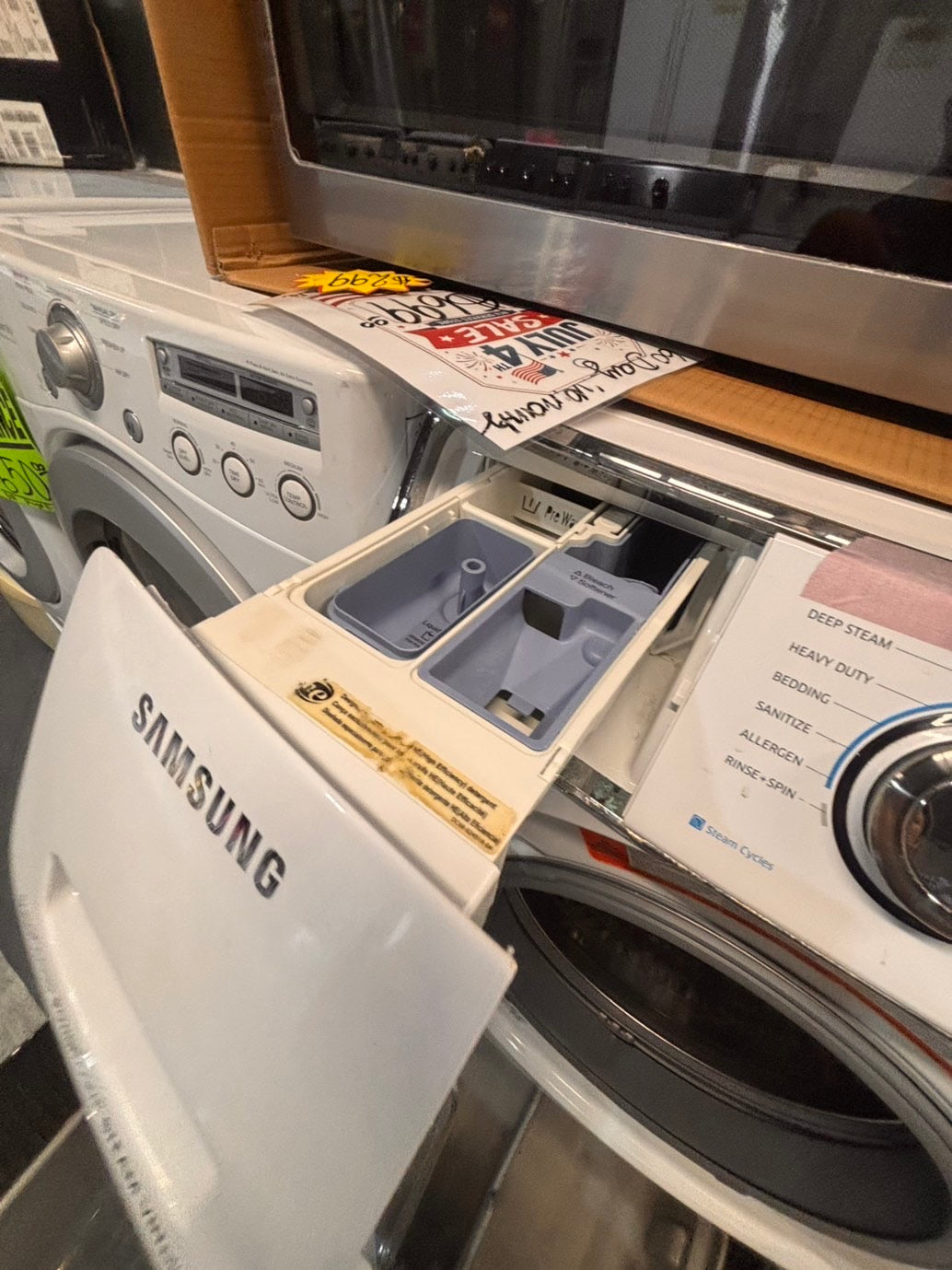 >used- refurbished Samsung mix & match front load washer & dryer set  electric 220v large  capacity with pedestals in white  color 27” #ES5AV7B