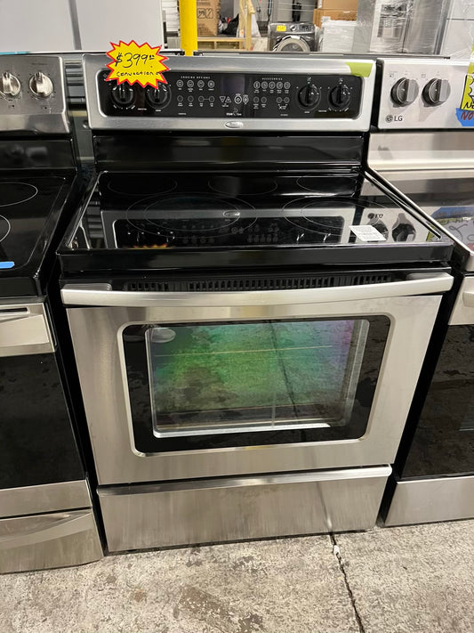 Whirlpool Glass top electric 220v range 5 burner warm zone convection bake broil steam clean stainless steel 30" Refurbished #ER748KB