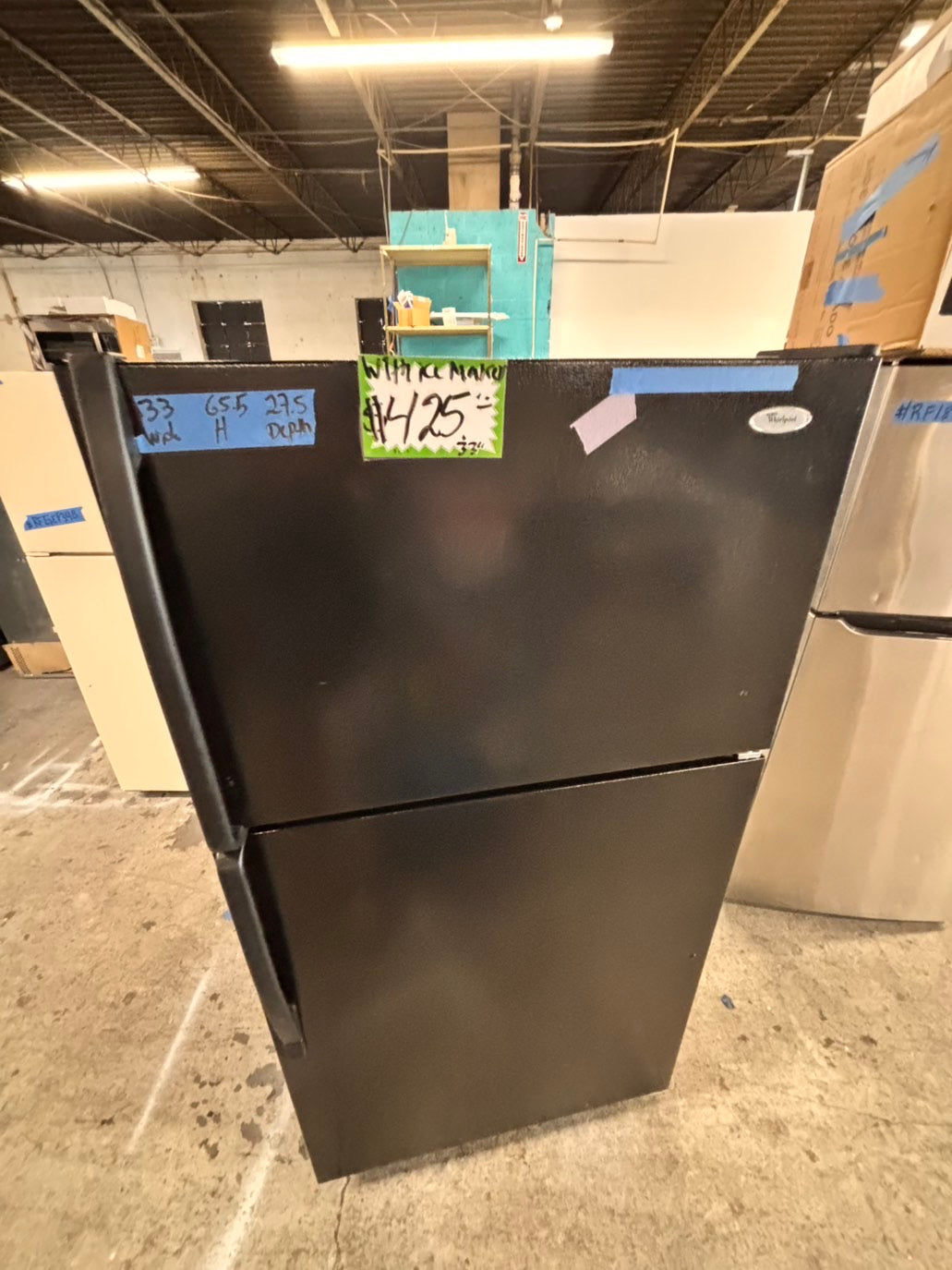 >whirlpool 33” Top freezer fridge  with ice maker inside , black used-refurbished #RW1ZC2B