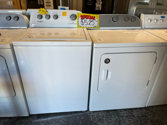 Whirlpool top load washing machine stainless steel drum w/agitator & side x side electric 220v dryer in white 29" #ED501UB