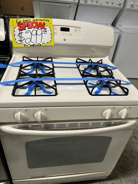 GE Gas range 4 burner bake broil hi/lo in off white Refurbished 30" #GRS23B