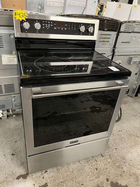 -Maytag glass top electric range 220v 5 burner warm zone convection bake roast broil self clean Refurbished stainless steel 30" #ER338NB