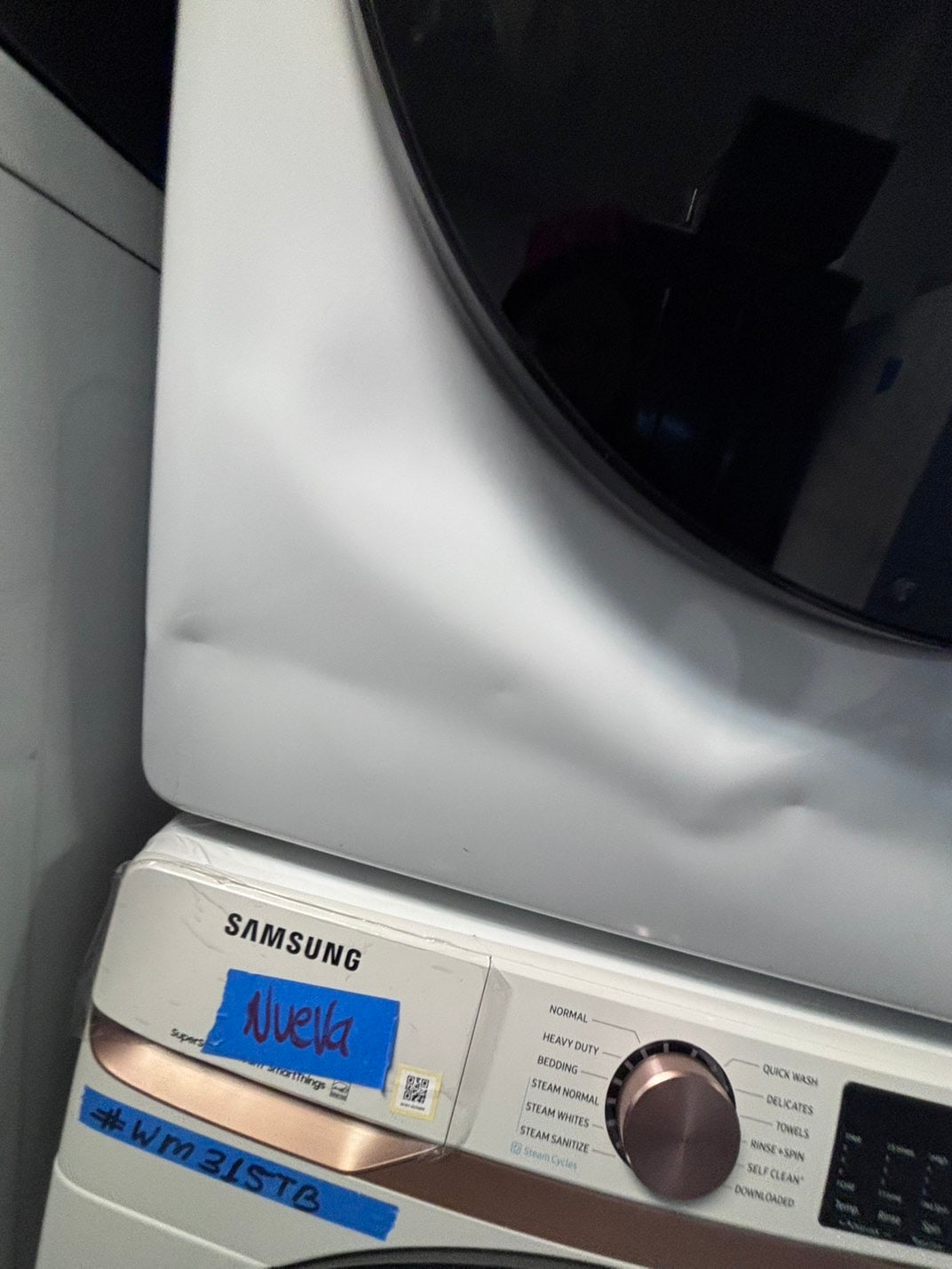 >Open Box 📦 Scratch & Dent mix match Samsung 5.0cu. ft. High-Efficiency Front Load Washer  with Self-Clean+ & Samsung 7.5 cu. ft. Vented Smart Stackable Electric 220v Dryer In White w/ Steam 27" in #WM315TBSET