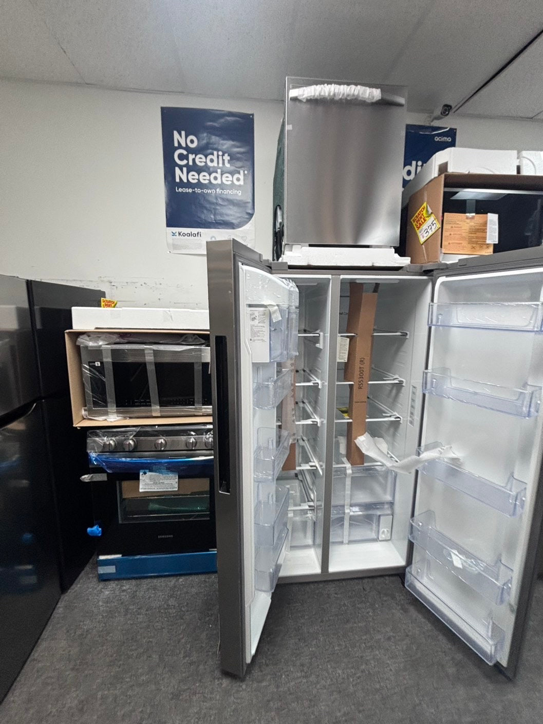 >🥳📣special combo 3pc. Open box 📦 New S/d samsung 36” side by side Door fridge, gas stove 30” in & Microwave oven the range stainless steel all same brand        #RFM3SDL