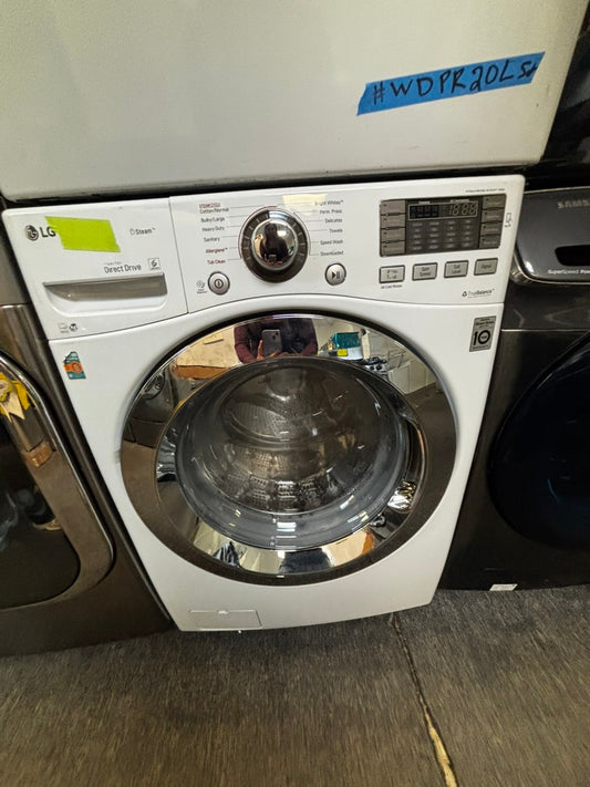 Used-Refurbished LG  27-inch wide, 4.5 cu. ft. capacity front-load washer with steam technology for cleaning and wrinkle removal. Key features include 12 wash cycles, a 1300 RPM max spin speed, NeveRust™ stainless steel drum. #FW4566L