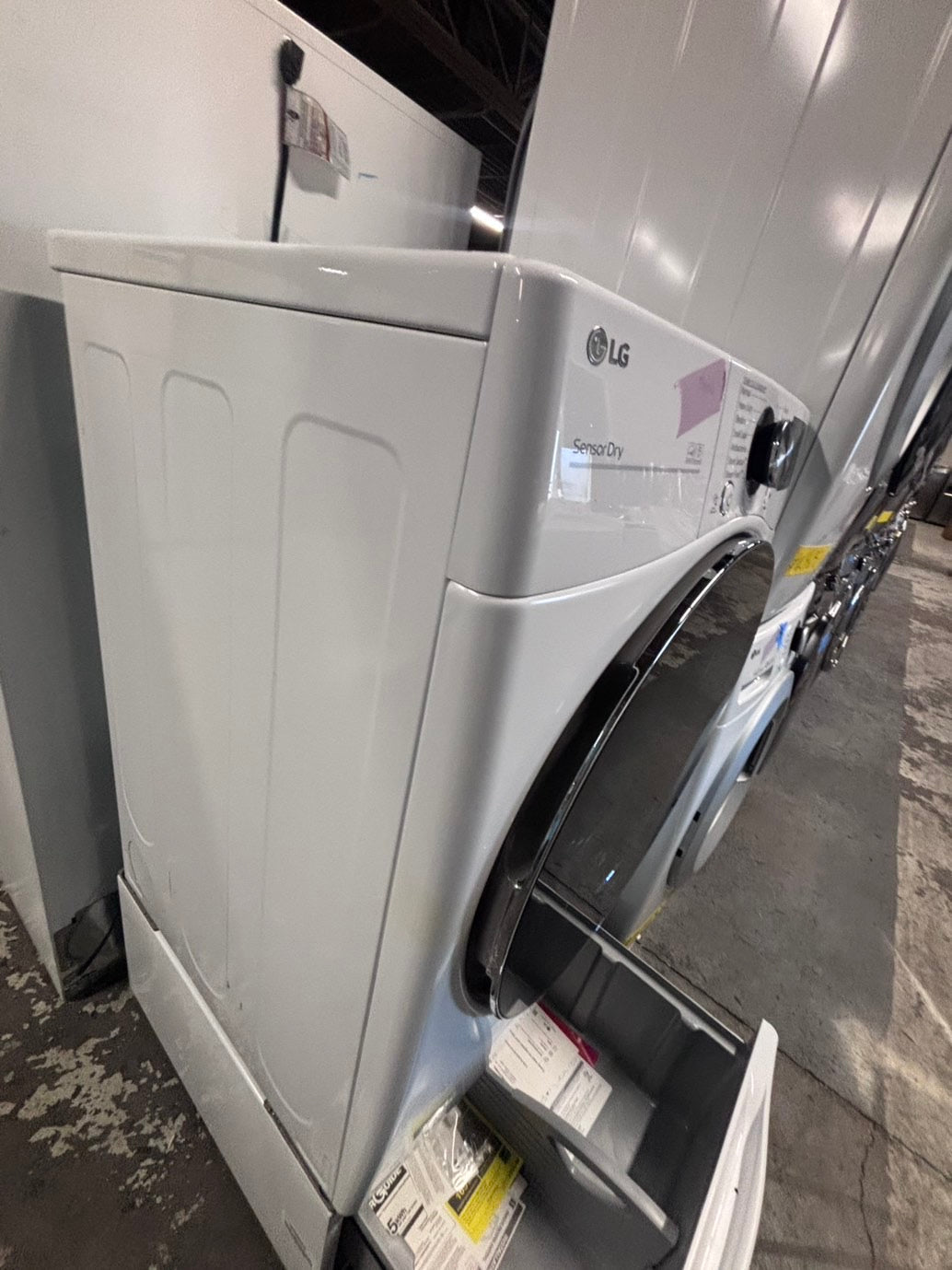 >*LG white Dryer electric 220v in front load w/pedestal extra storage stainless steel drum large capacity 27" refurbished #EGLY1XB