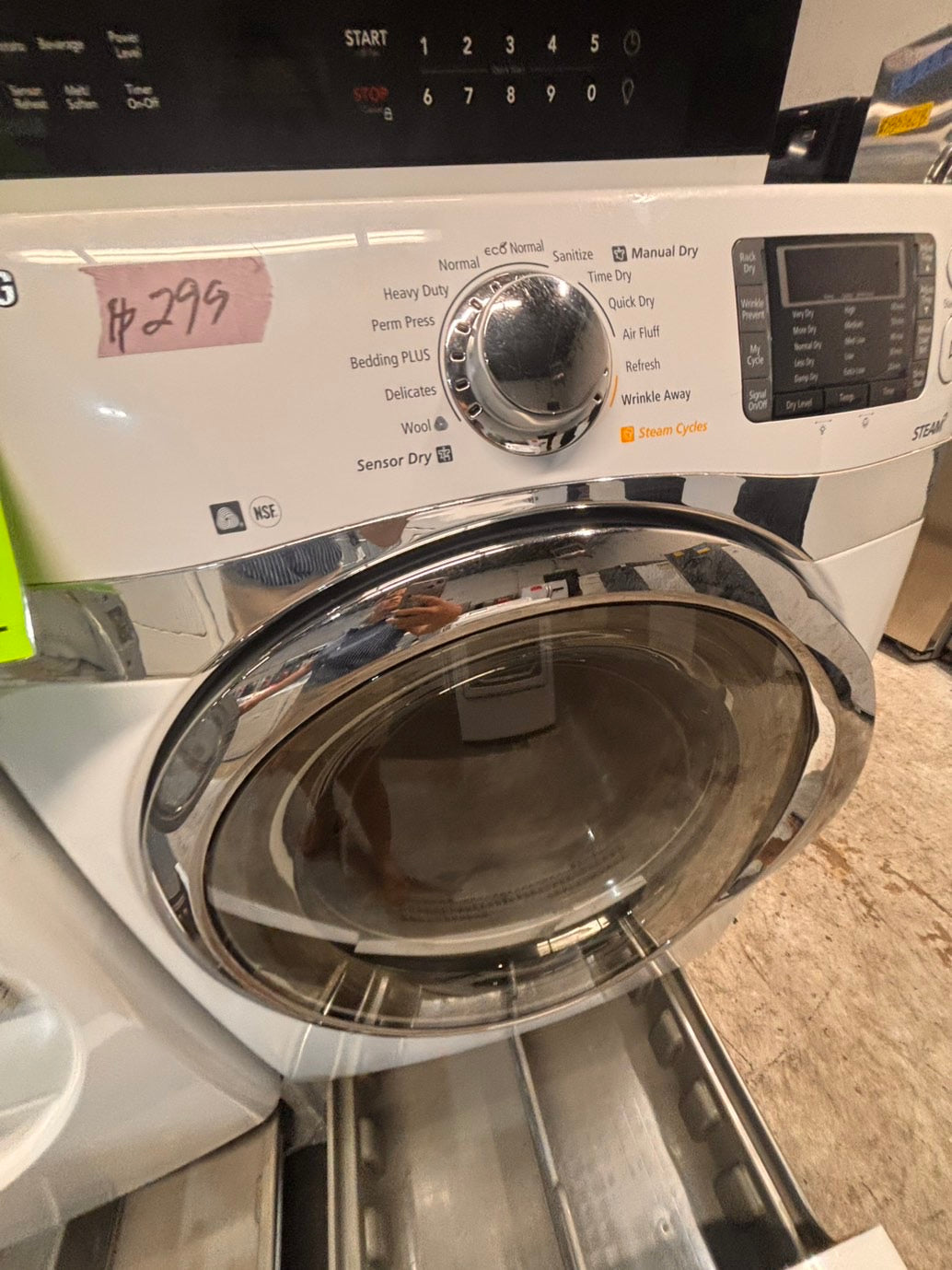 >used- refurbished Samsung mix & match front load washer & dryer set  electric 220v large  capacity with pedestals in white  color 27” #ES5AV7B