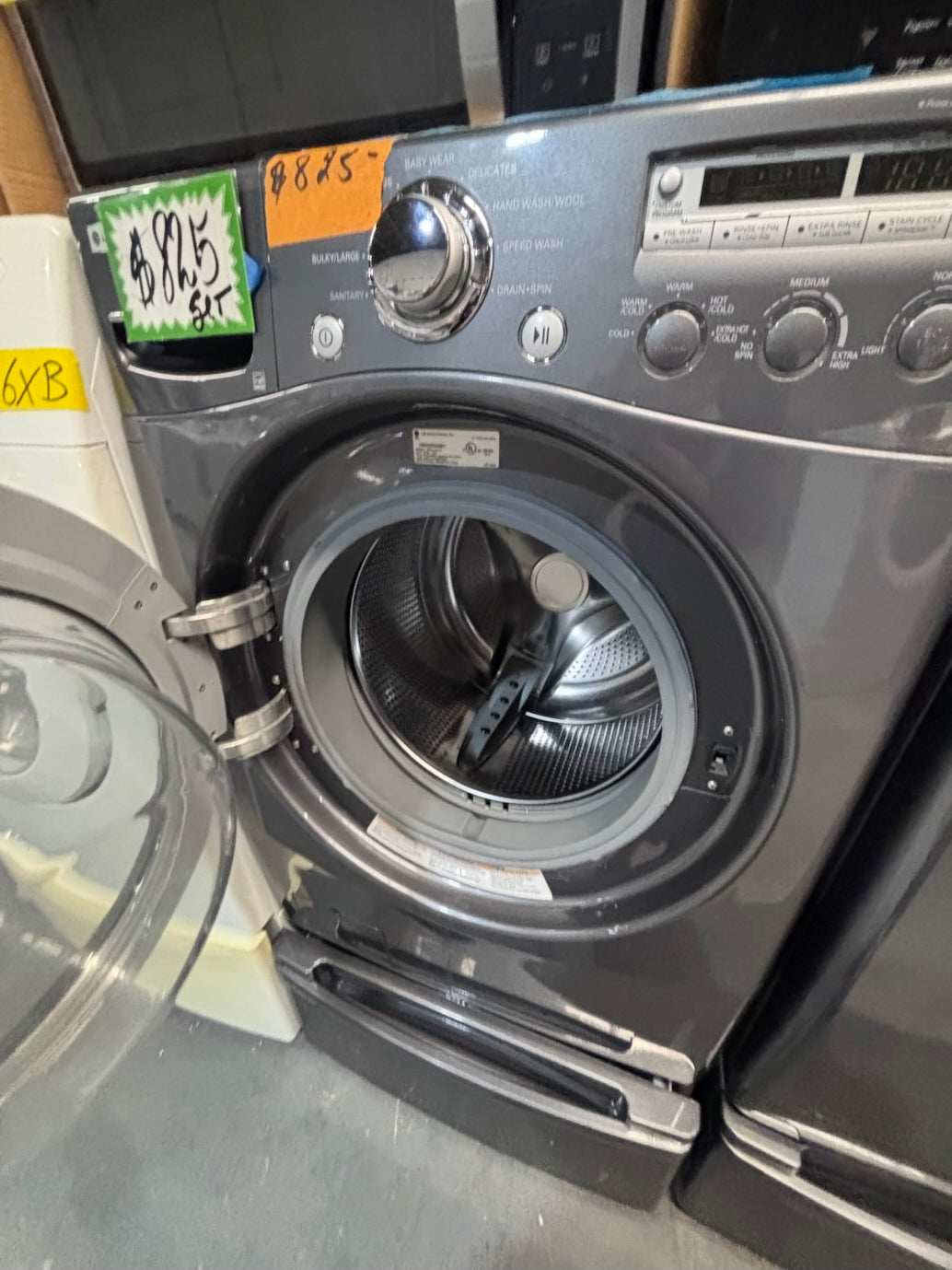 }LG used- refurbished front load electric 220v dryer & washer large  capacity with pedestals in gray color 27” #FLSGTV7B