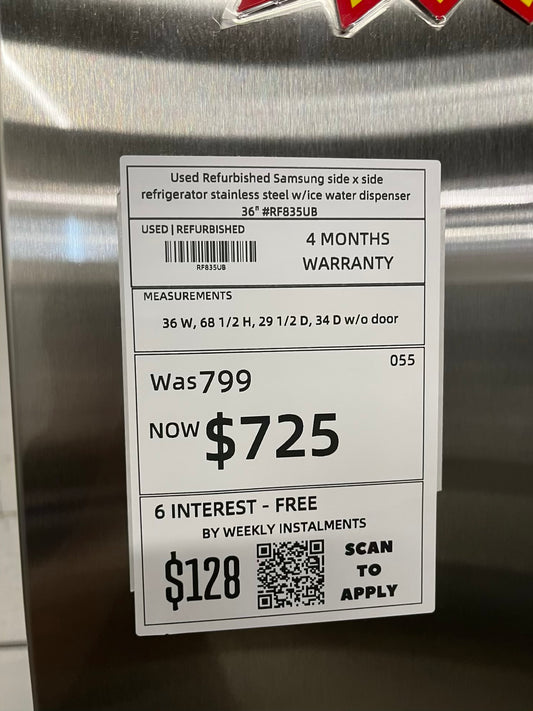 Used Refurbished Samsung side x side refrigerator stainless steel w/ice water dispenser 36" #RF835UB-TR
