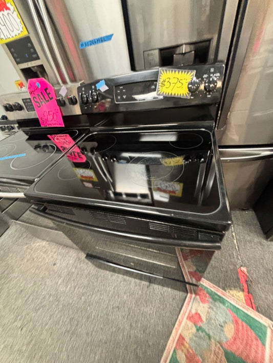 >GE Glass Top electric stove black bake broil 4 burner Self clean 30” black Refurbished #BBW96B