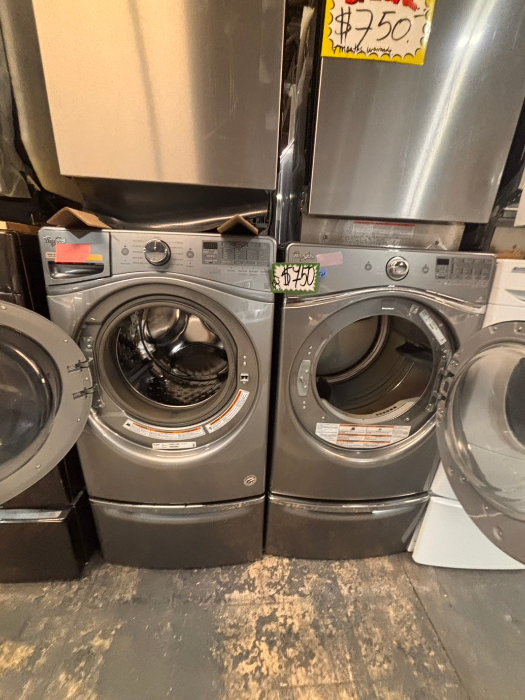 >*SALE🔥used- refurbished whirlpool front load electric 220v dryer & washer large  capacity with pedestals in silver color 27” #WSS8KV7B