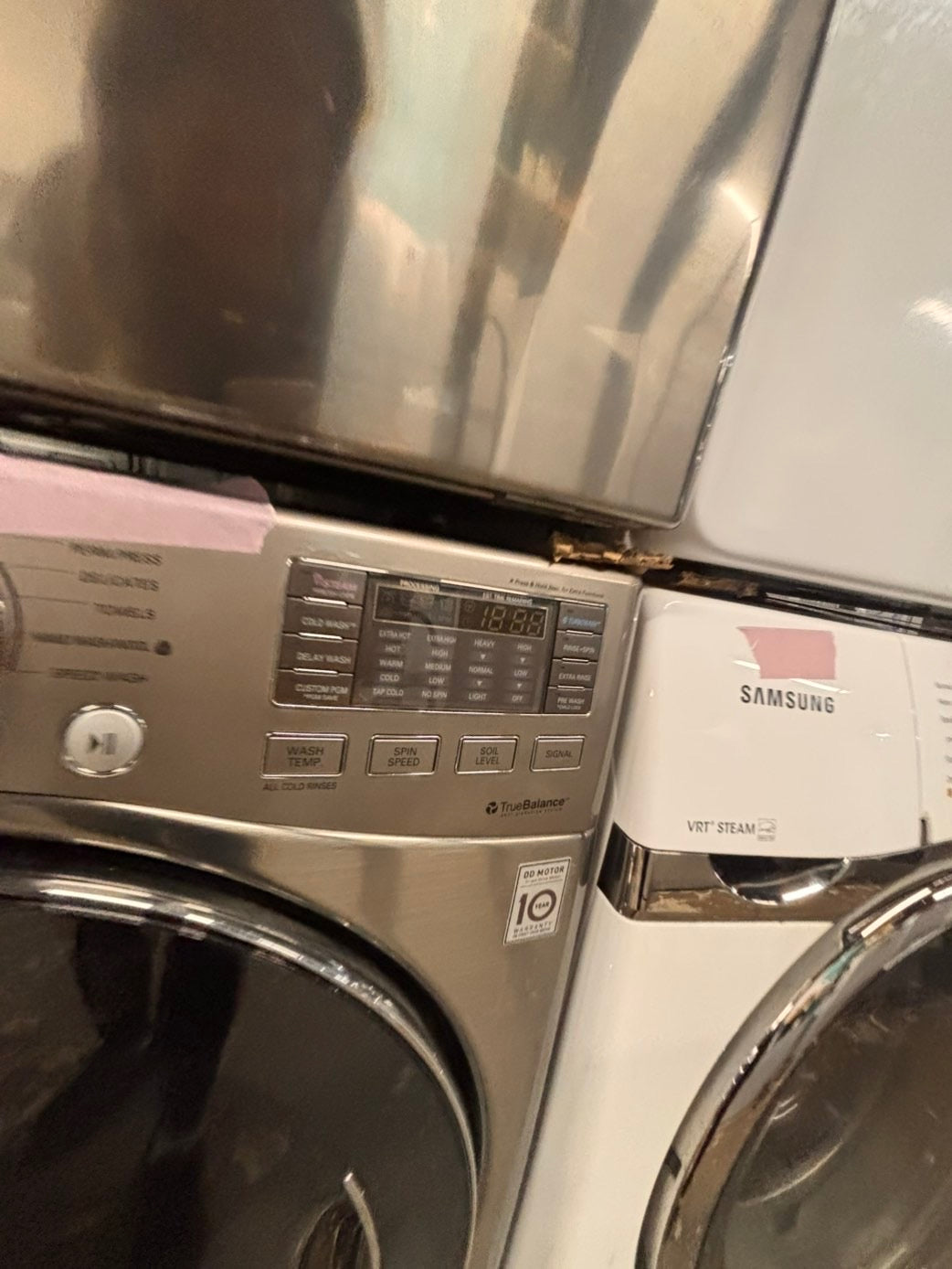 >*Used-great conditions refurbished LG steam washer 4.5cu ft & electric steam dryer 7.5 cu ft large capacity set electric 220v front load stackable or side by side - sensor dry He in silver-gray  #WR15SET