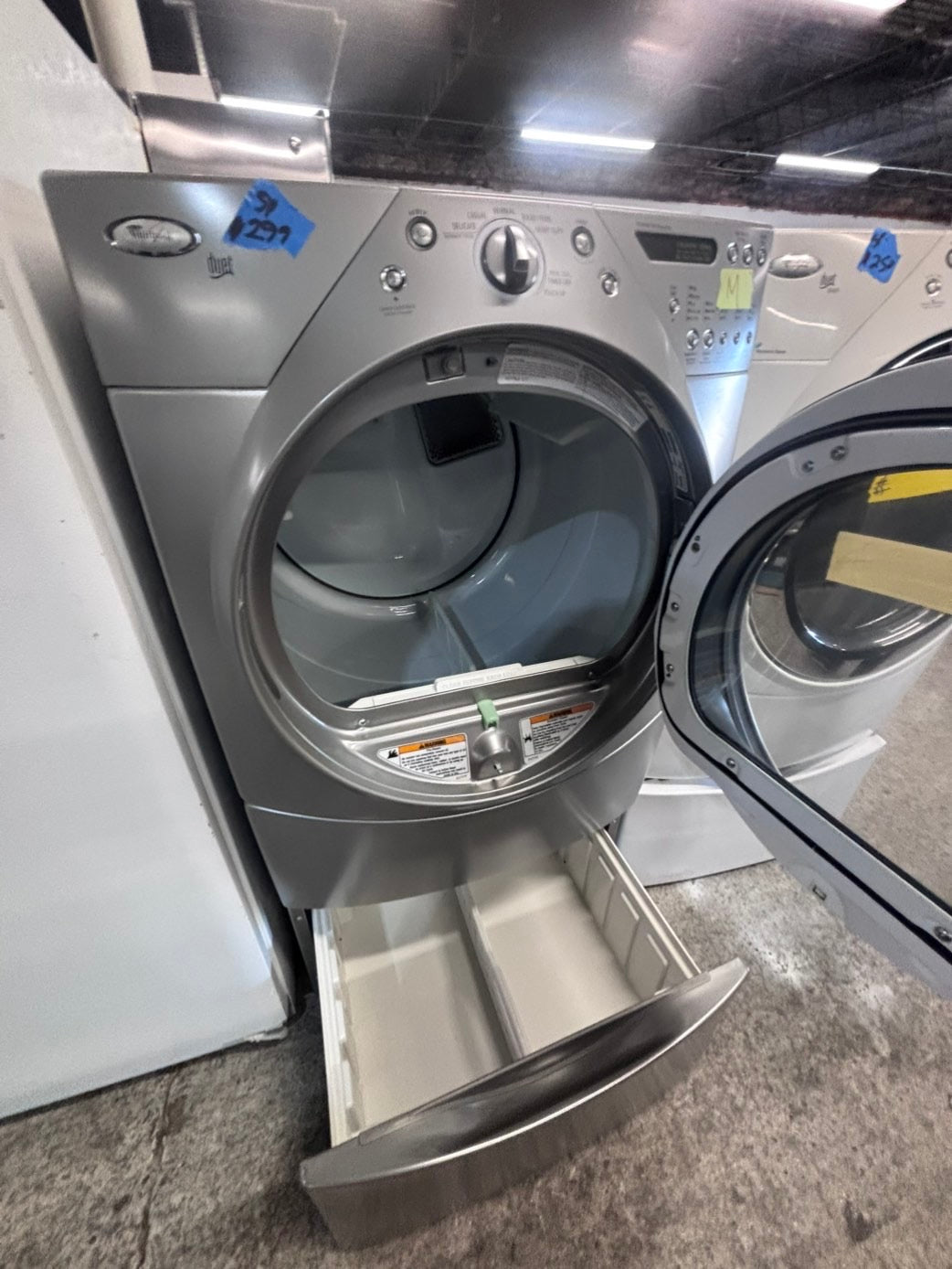 >*whirlpool Dryer electric 220v in white front load w/pedestal extra storage  drum large capacity 27" refurbished #EDV145B