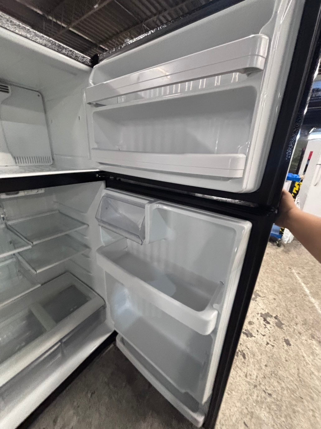 >*28” x 67”H GE  top freezer fridge black   used-refurbished #FGTR67WB